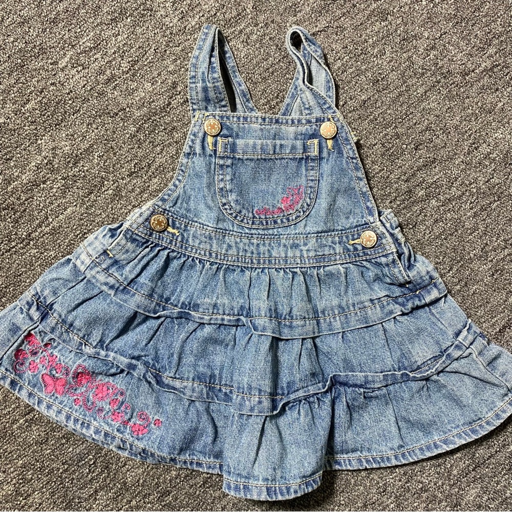 Vtg Osh Kosh Jean Overall Denim Dress Vestbak Tiered 18M